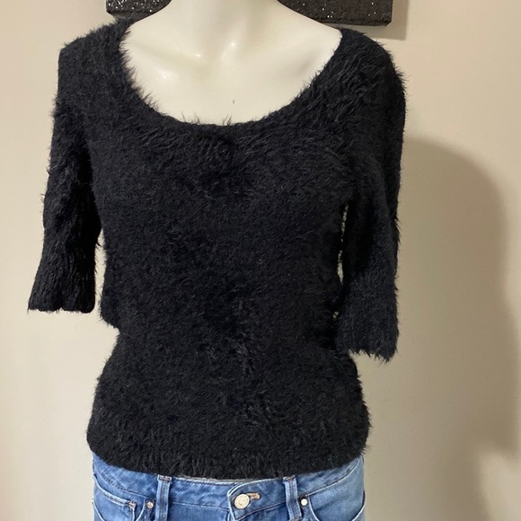 Anthropologie Knitted & Knotted Isola Black Furry eyelash knit Sweater Sz XS - Picture 5 of 12